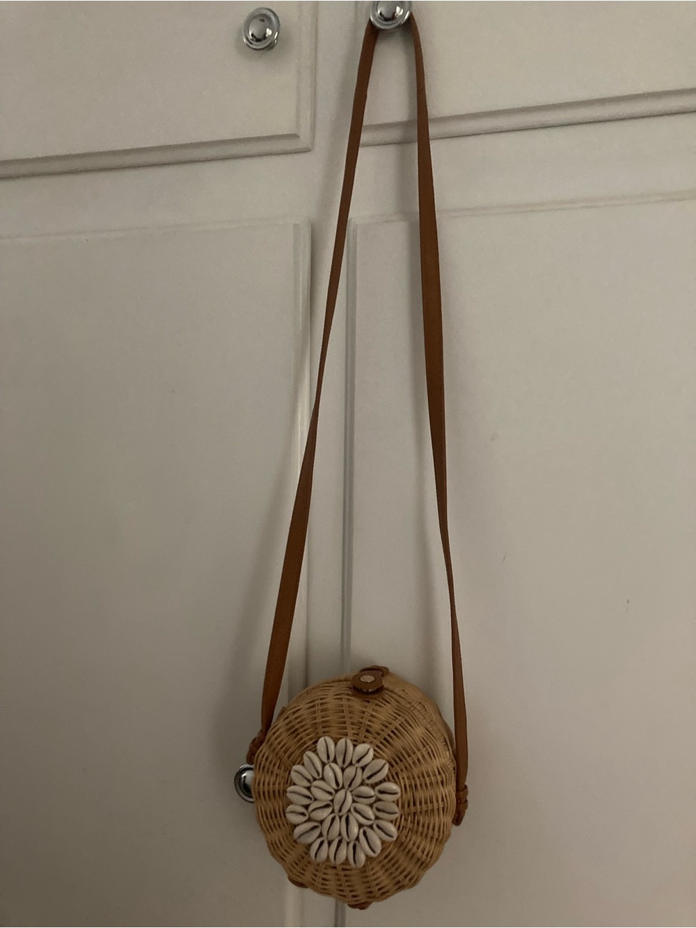 Shiraleah Round Woven Crossbody Bag with Shell Accent - Brown